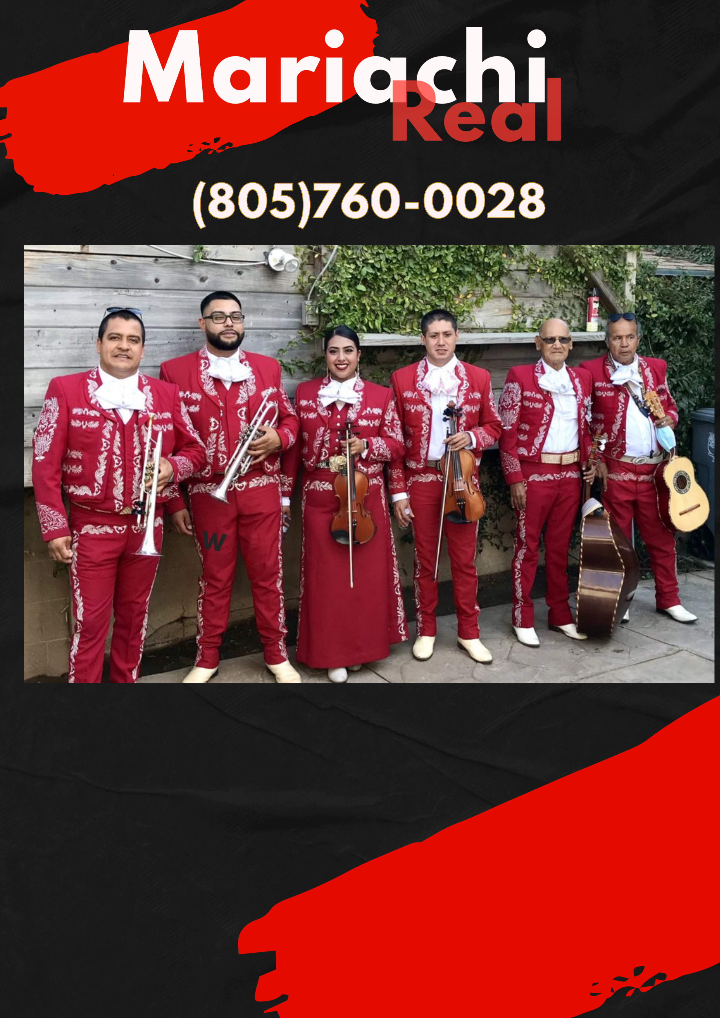 Mariachi Real De Oxnard group photo in red suits outdoors